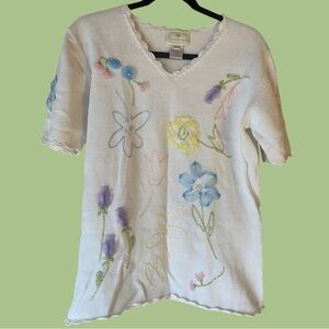 Vintage 90s Susan Bristol Ramie Linen Blend Hand Embroidered Floral Size Large